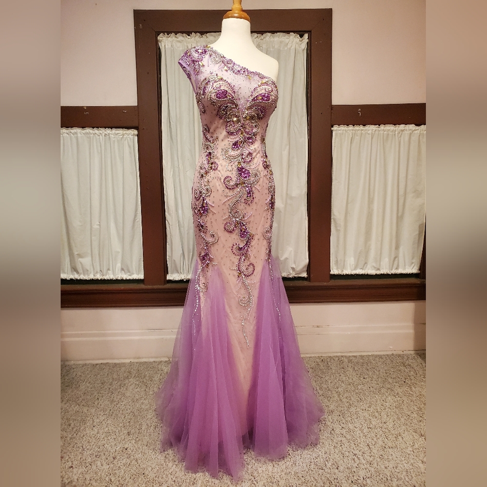 Lavender/Nude Beaded Mermaid Gown